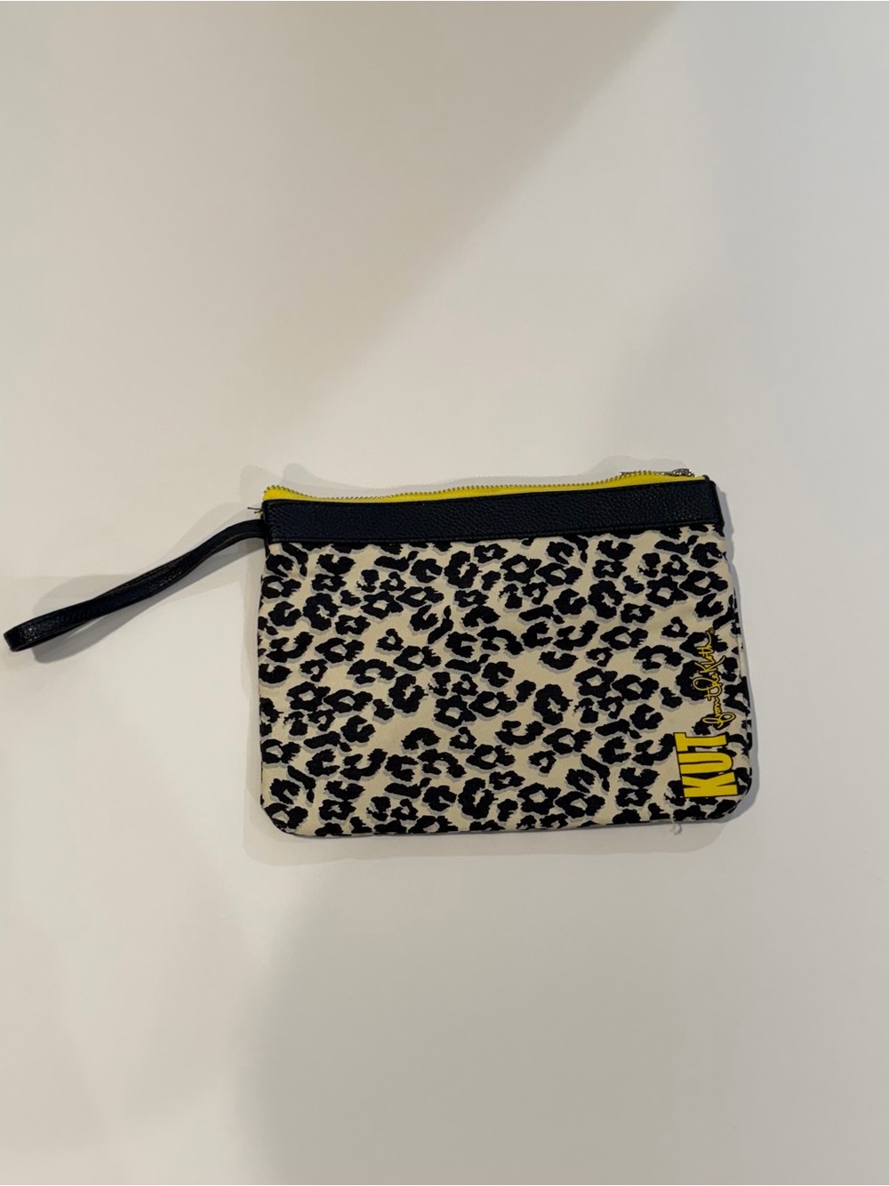 KUT from kloth Leopard Print Wristlet Pouch with Yellow Zip